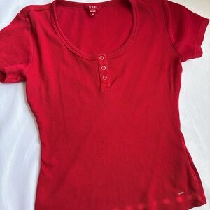 Red Ribbed Short Sleeve Henley Top - Women's